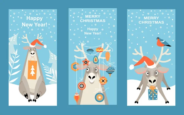 Conjunto Banners Vetoriais Para Natal Ano Novo Com Renas Engraçadas —  Vetores de Stock
