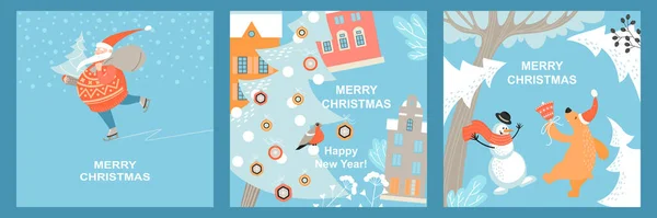 Set Vector Greeting Cards Christmas Happy New Year Funny Santa — Stock Vector