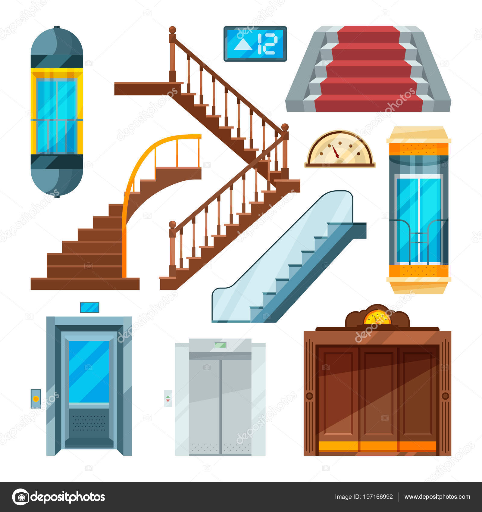 Ascensores y escaleras en diferentes estilos. Mecanismos de elevación