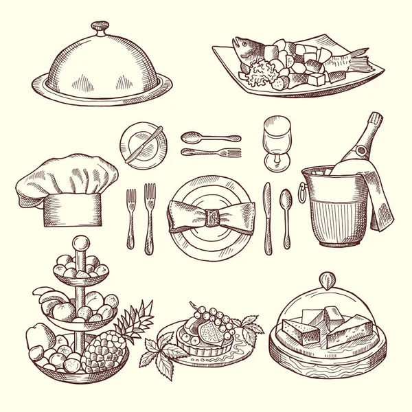 Foods on dishes. Monochrome pictures for design restaurant menu