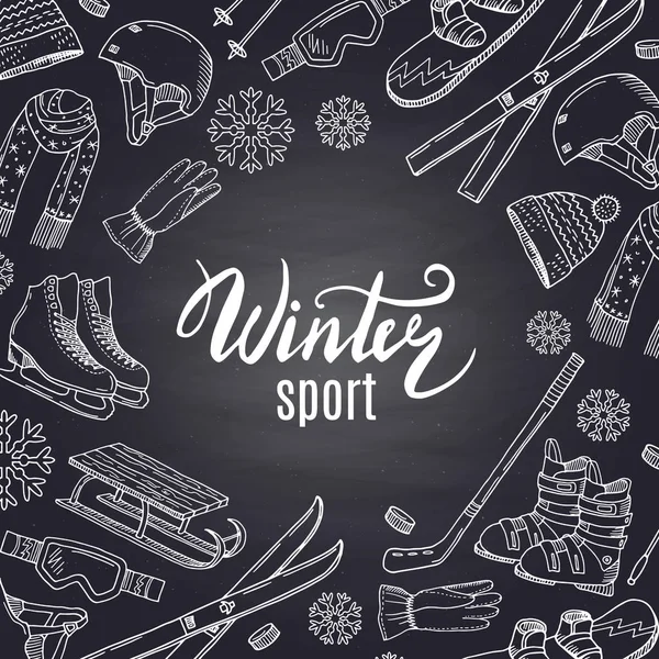 Vector hand drawn winter sports equipment and attributes on black chalkboard with place for text in center