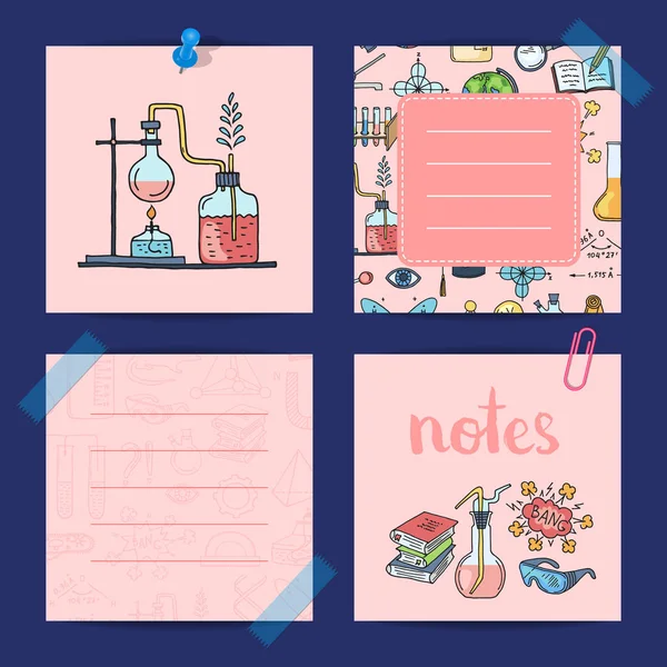 Vector notes templates set with sketched science or chemistry elements and cute lettering