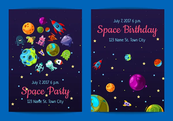 Vector space birthday party invitation templates with space elements, planets and ships