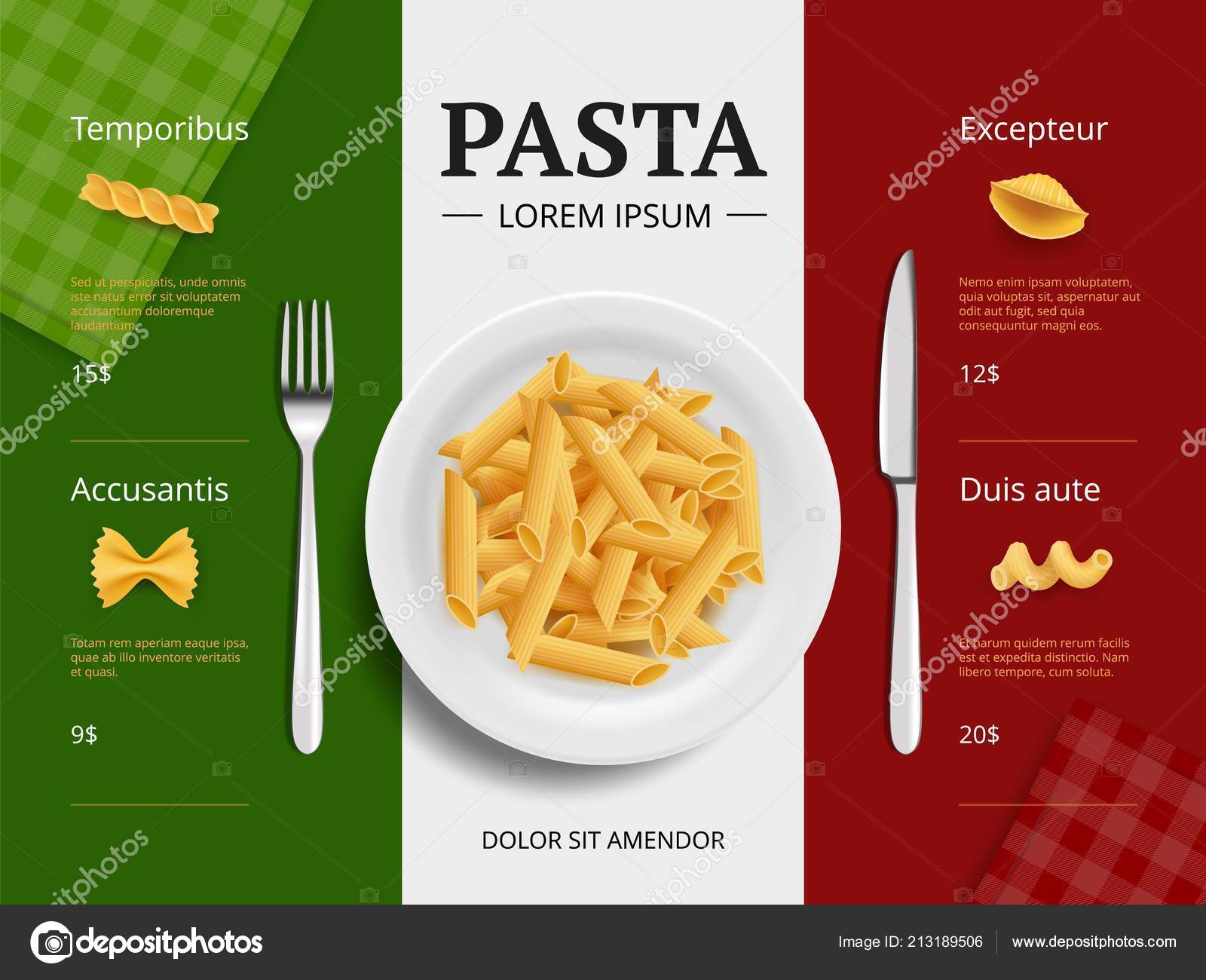 Italienisches Menu Pasta Auf Teller Leckeres Restaurant Essen Makkaroni Spaghetti Kochen Zutaten Vektorplakat Vorlage Ansicht Von Oben Stockvektor C Onyxprj