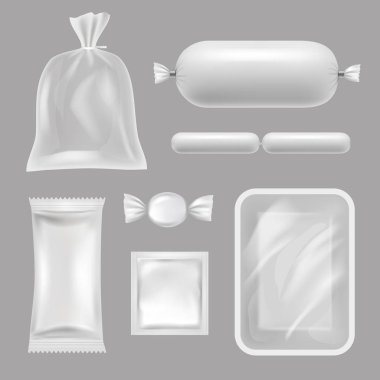 Empty food packages. Vector realistic pictures of polyethylene packages