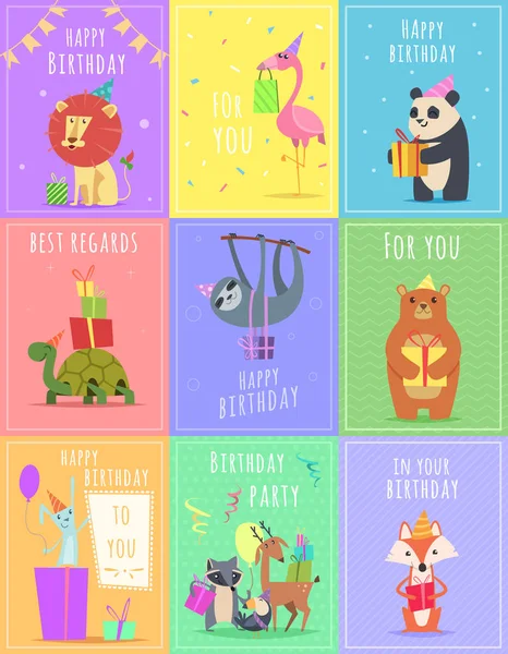 Birthday cards with animals. Wildlife zebra turtle lion and monkey characters at gift celebration colored vector cards