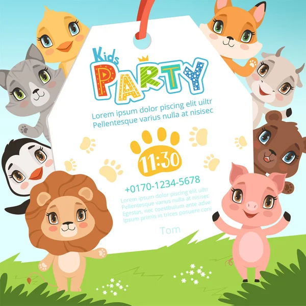 Animals kids invitations. Cute funny jungle animals in cartoon style placard at baby birthday celebration party vector pictures