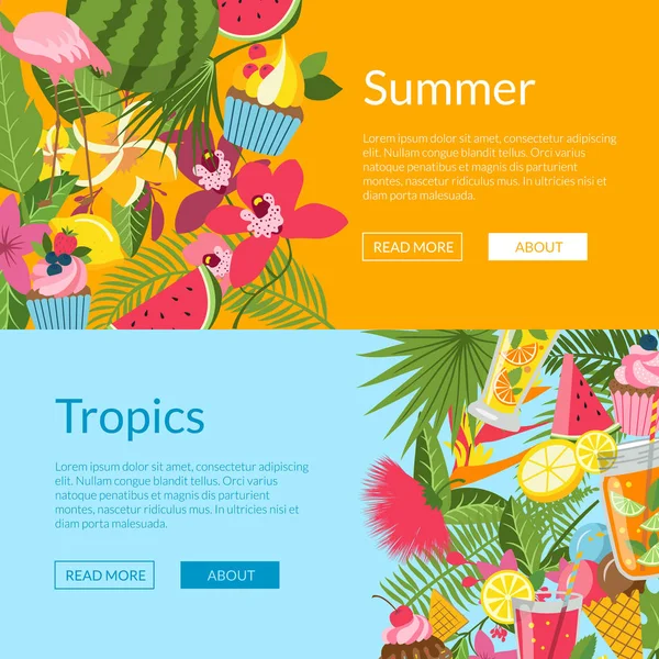 Summer elements, cocktails, flamingo, palm leaves web banner templates illustration
