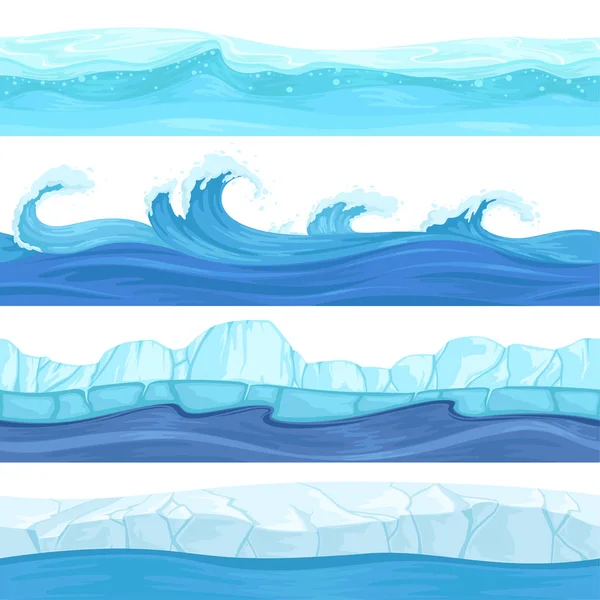 Seamless water waves. Liquid and ice surface ocean and river texture vector backgrounds for 2d platforming games