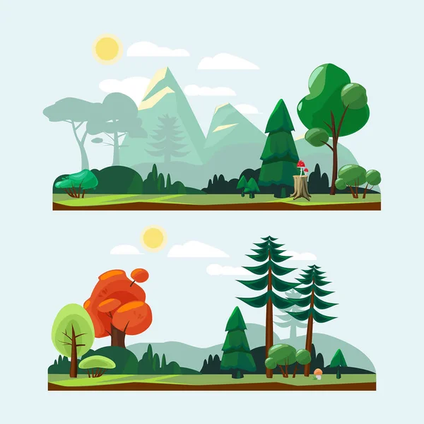 Nature landscape. Park garden background with road trees stones and plants blue sky cartoon vector weather illustration