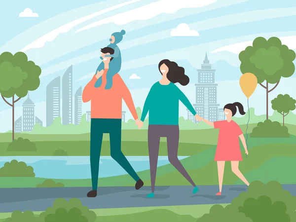 Happy family walking. Background illustrations of male and female with children walking in the park
