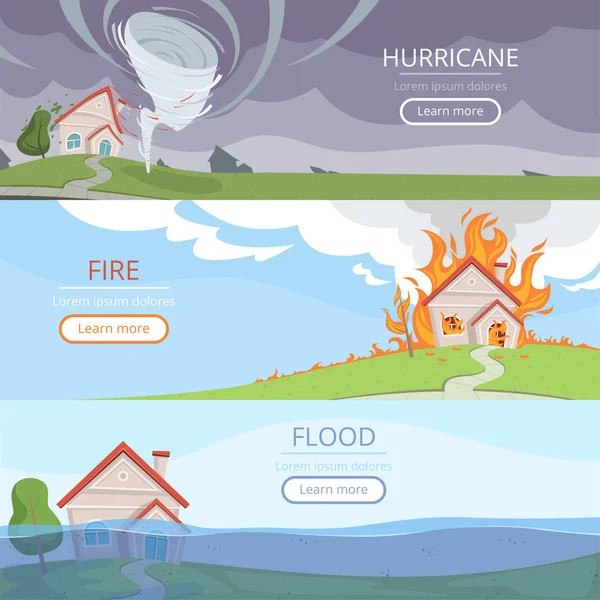Disaster weather banners. Tsunami volcano wind storm rain house damage from lightening vector pictures with place for text