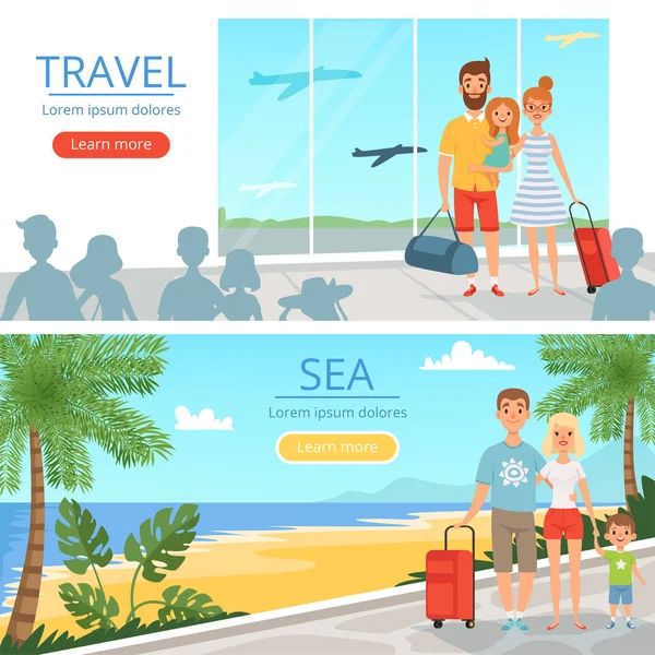 Family goes at vacations. Peoples at airport. Vector banners of travel concept illustrations