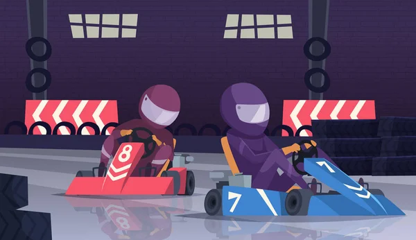 Karting sport competition. Racers in helmet in fast cars on speed track vector cartoon background