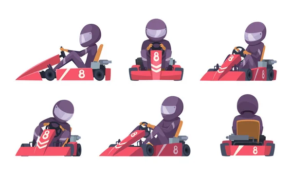 Karting car. Street speed racers competition sport automobile go kart vector background cartoon