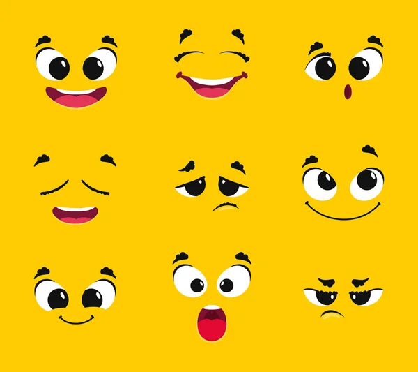 Cartoon faces collection. Different emotions smile joy surprise sadness anger longing fright vector emoticons