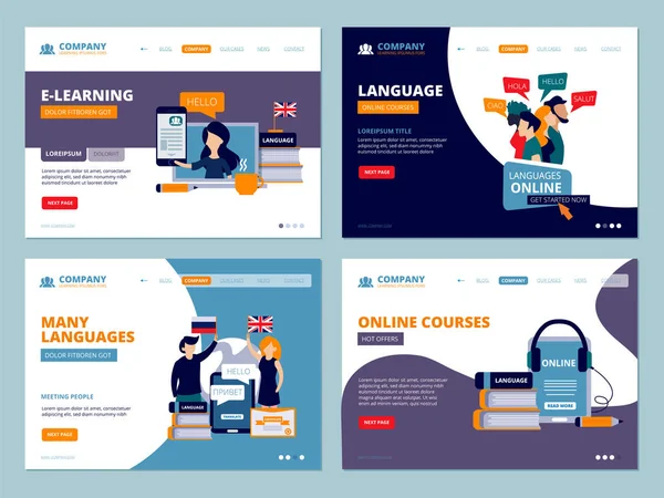 Education landing. Web trainings language courses tutorials wireframe ui template flat characters vector business landing pages