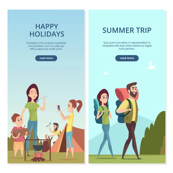 Summer camping vector banners. Family trip and travel illustration