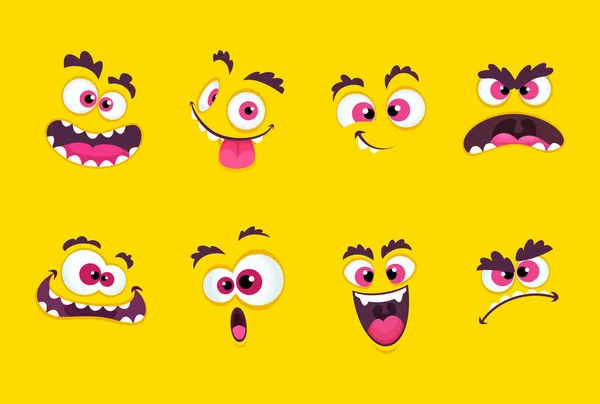 Cartoon faces. Emotions smirk expressions, smile mouth with teeth and scared eyes characters vector collection