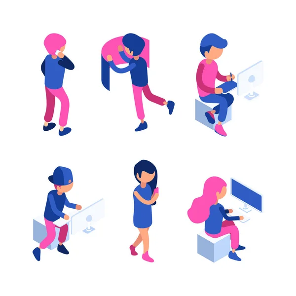 Isometric people. Managers working workspace touching screen computer gadgets interactive interface dashboard website tablet vectors