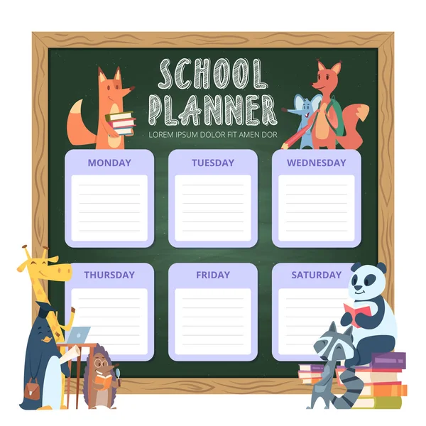 Planner for kids. School personal list organization for week funny cartoon animals illustrations vector