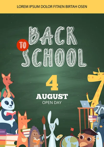 Back to school poster. Open day party event invitation placard pictures of funny school cartoon animals vector banner flyer template