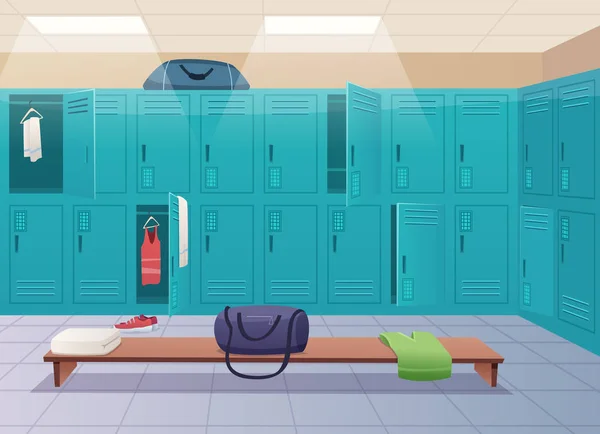 School changing room. College gym sport lockers changing room interior classroom with equipment and corridor vector cartoon background