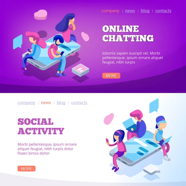 Chat landing. Virtual relationship people talking online devices smartphone laptop app messengers internet social dating love vector