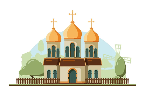 Religion building. Christian traditional church with bell vector flat architectural religion object