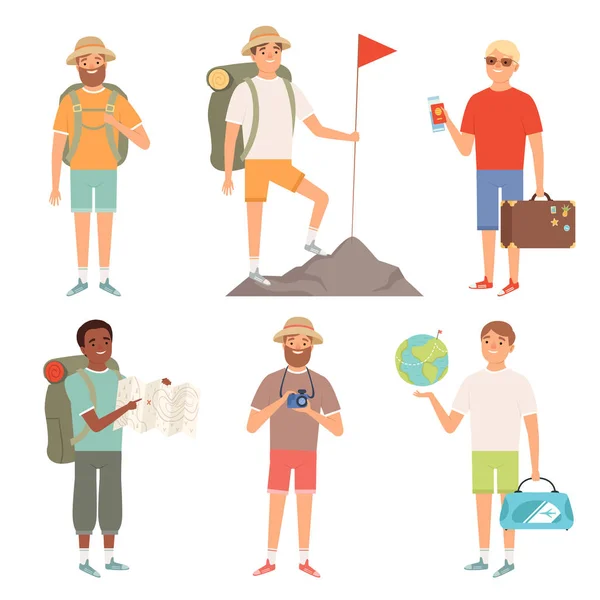 Tourist. Outdoor characters travellers hiking backpacker vector peoples adventure collection