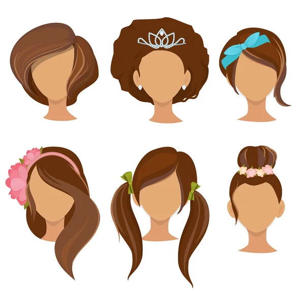 Woman hairstyles. Young girls stylish hair items hoops bows elastic bands clips vector pictures collection