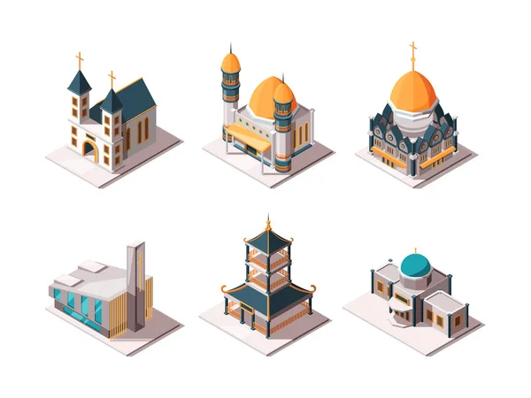 Religion buildings. Islamic mosque arabic architectural objects lutheran catholic christian religion landmarks vector isometric