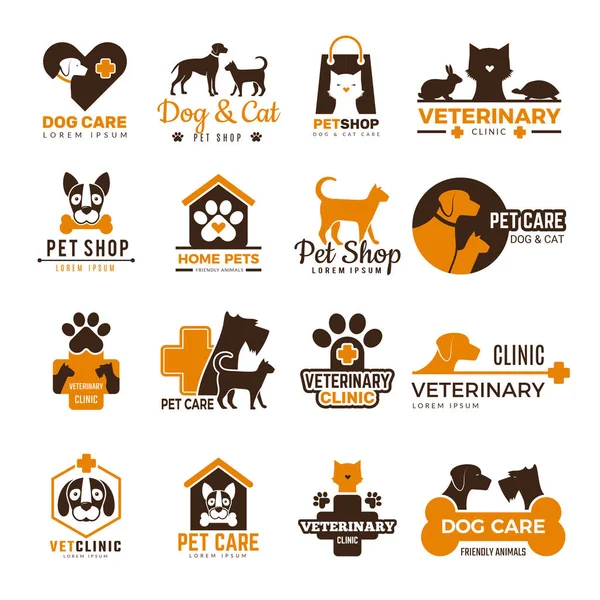 Vet clinic logo. Pets shop cats dogs domestic animals protection friendly funny symbols vector collection