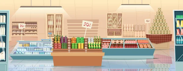 Supermarket cartoon. Products grocery store food market interior vector  background - Stock Image - Everypixel