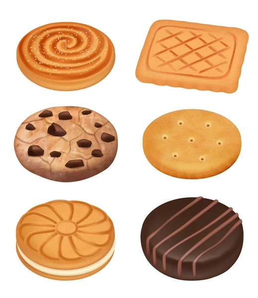 Cookies. Delicious food dessert sweets creamy biscuits with chocolate crumbles pieces crackers vector realistic collection