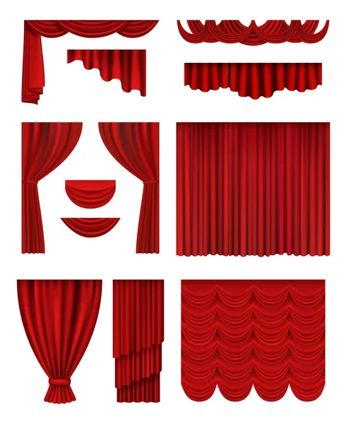 Curtain stage. Theatrical opera hall decoration red luxury silk curtains vector realistic collection