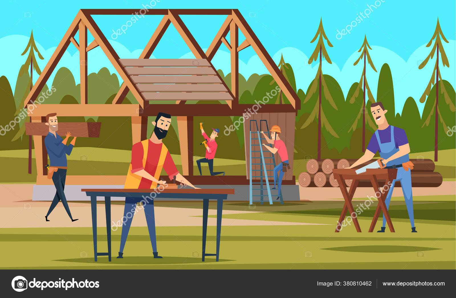 Wooden Roof Builders Professional Carpenters Team Making Building Handyman And Craftsman Working Vector Cartoon House Background Vector Image By C Onyxprj Vector Stock 380810462