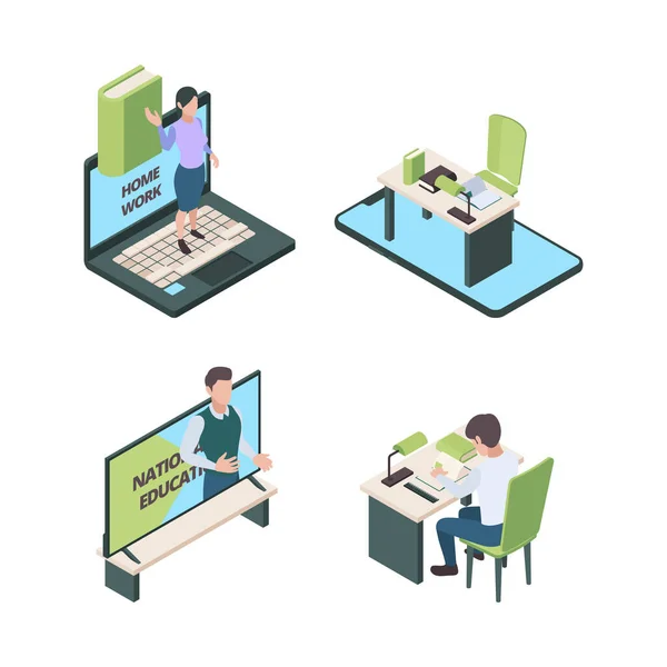 Home education. Online lessons children study parents helping to their kids computer knowledge homeschool vector isometric concept