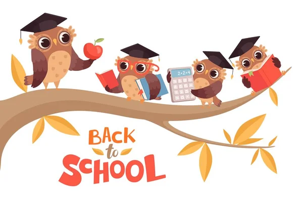 Back to school. Cute cartoon baby owls and teacher on tree branch vector illustration