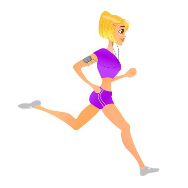 Çalışan kadın. Kız fitness devreye girer. Sabah koşu. Etkin ve sağlıklı bir yaşam tarzı. Vektör çizim karikatür tarzı