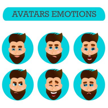 Erkek yüz duygular kümesi. Sakallı adam emoji karakter farklı ifadeleri ile. Vektör çizim düz çizgi film tarzı. 