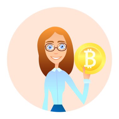 Bir iş elbiseli bir kadın elinde Bitcoin tutuyor. Vektör düz Illustration karikatür tarzında.