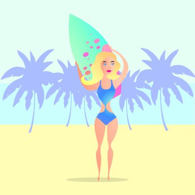 Mayo içinde bir kız arkasında bir sörf tahtası taşır. Yaz, tatil, plaj. Karikatür tarzında düz vektör illüstrasyon.