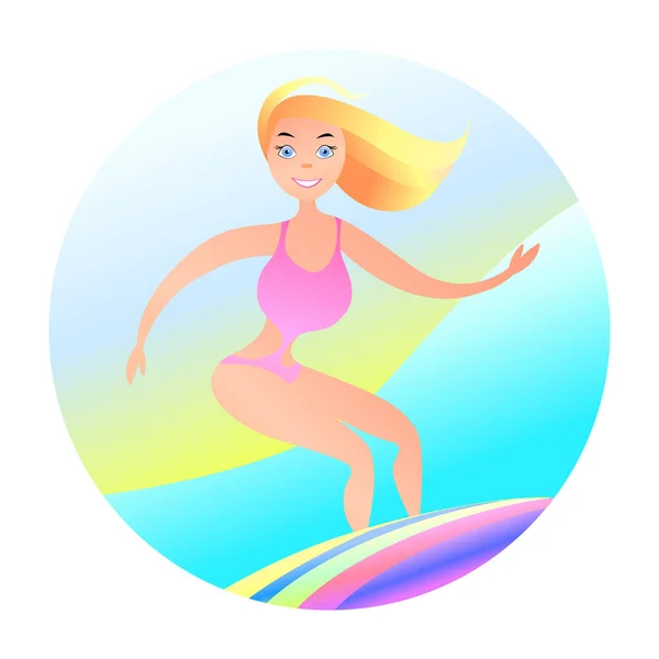 Chica Surfista Saluda Ilustración Vectorial Surf Banner Escuela Surf Con — Vector de stock