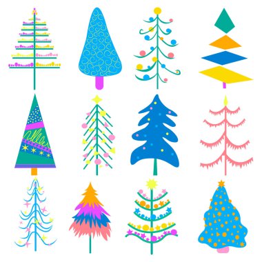 12 şenlikli Noel ağaçları. Vektör Illustration. Daire beyaz arka plan ayarlamak için izole karikatür vektör çizim.