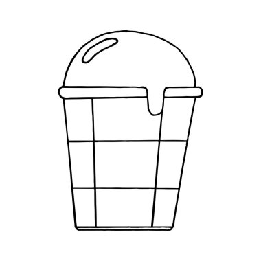 Bir waffle bardağı doğrusal dondurma, siyah anahat, beyaz mono çizgi sembolü, vektör illüstrasyon