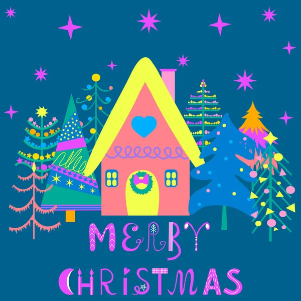 Різдвяна Листівка Каліграфічний Написом Різдвом Христовим Будинок Лісі Оформлений Різдво — стоковий вектор