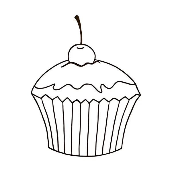 Cupcake Com Cereja Ícone Linha Superior Sinal Vetor Contorno Pictograma — Vetor de Stock