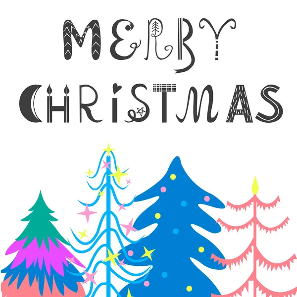 Різдвяна Листівка Зимовий Ліс Прикрашені Різдвяні Іграшки Різдвяний Напис Різдвом — стоковий вектор