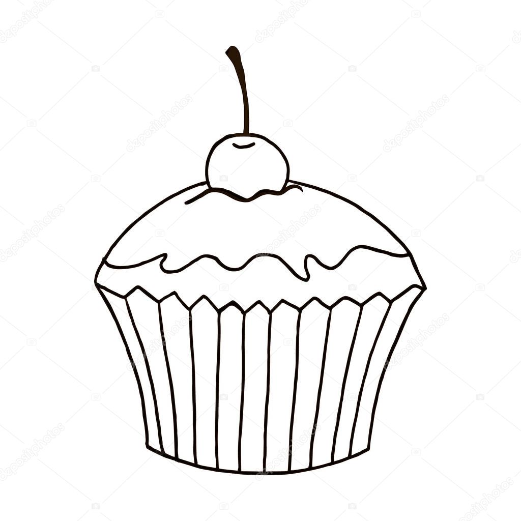 Cupcake with cherry on top line icon, outline vector sign, linear style pictogram isolated on white. Desert symbol, logo illustration. Editable stroke. Pixel perfect vector graphics